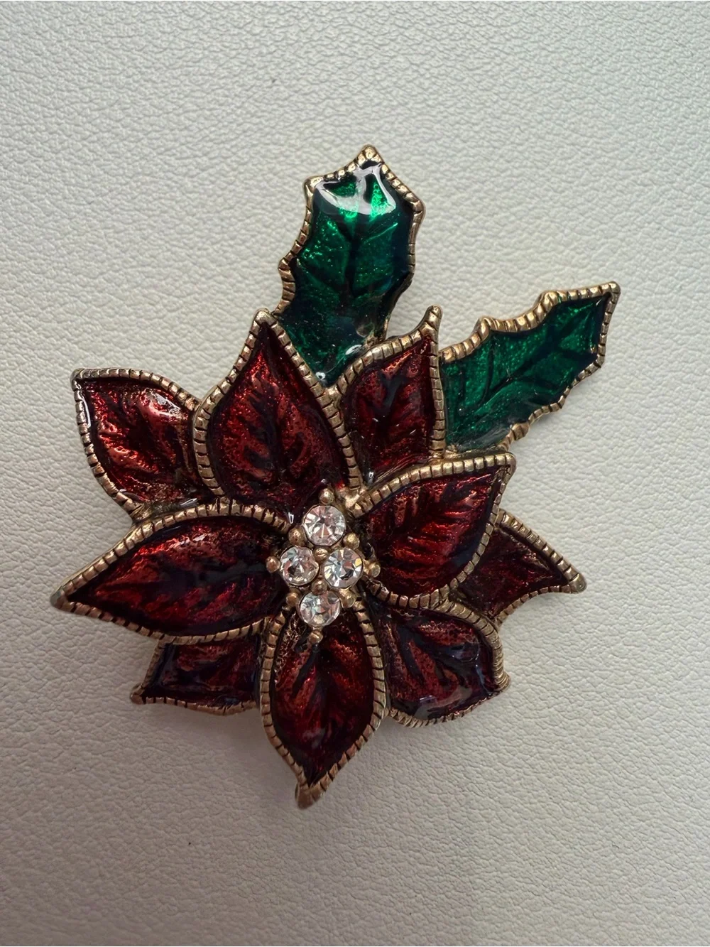 90s Vintage Retro Holiday Poinsettia Brooch in Red and Green and Sparkle